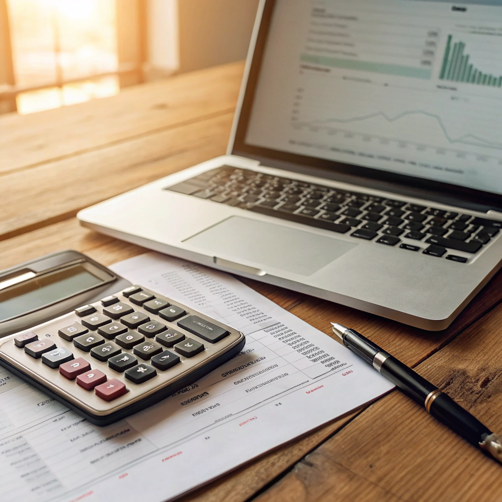 Photo of a calculator, papers and a pen on a desk