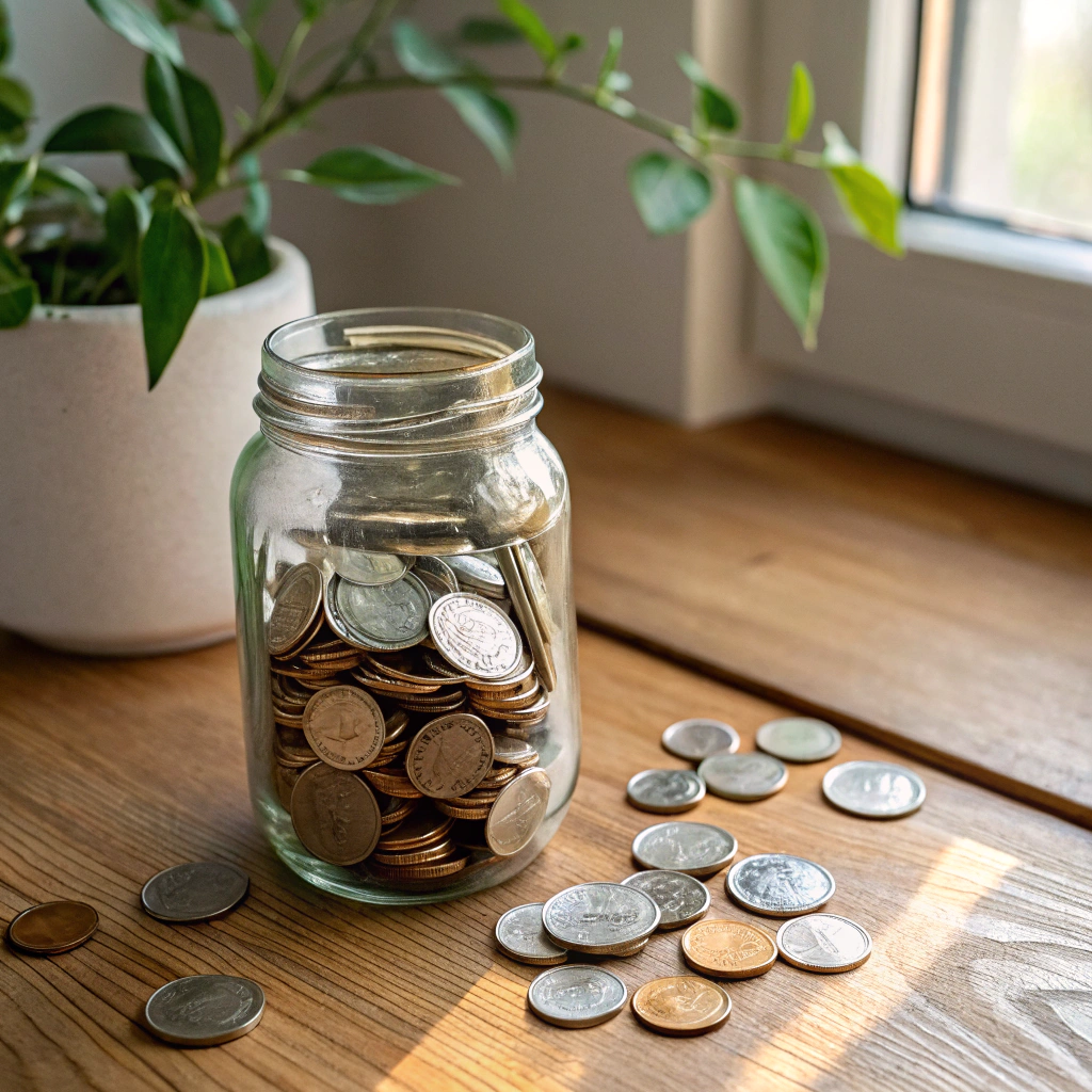 Photo of a jar of coins beside a small green plant