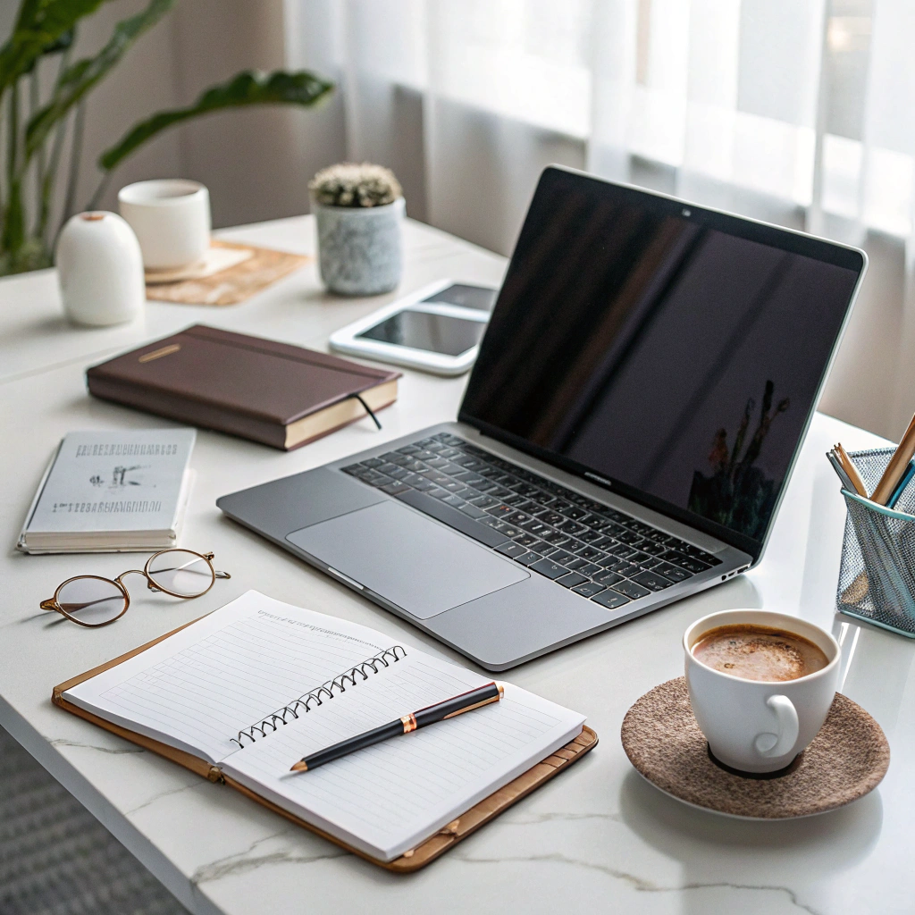 Photo of a laptop and notebook on a bright desk