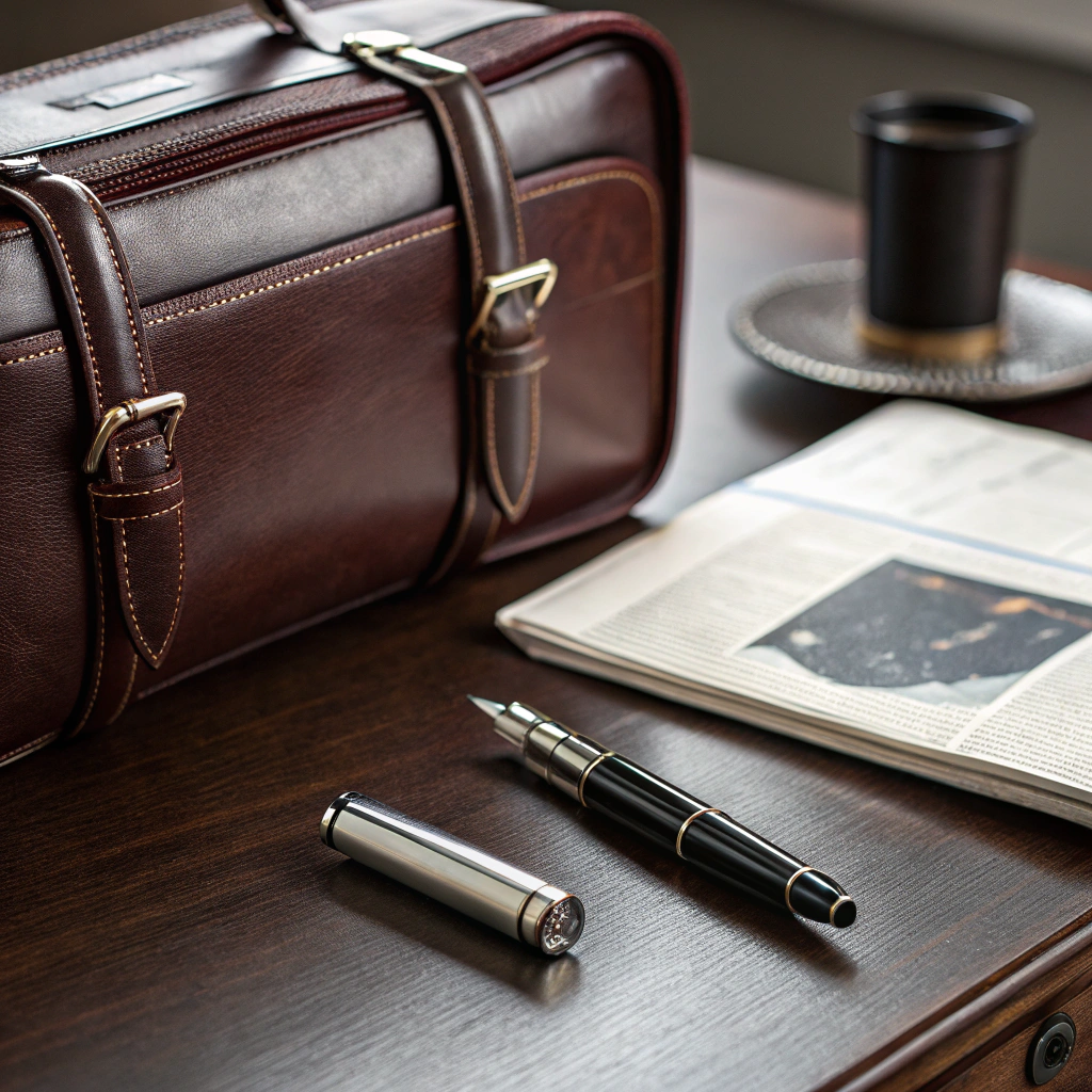 Photo of a leather briefcase and a pen on a desk