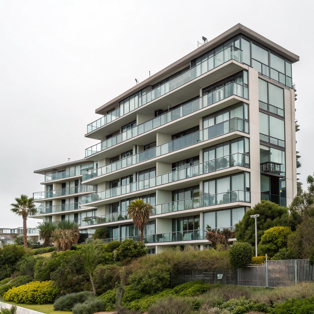 Photo of a modern apartment building on a landscaped hillside