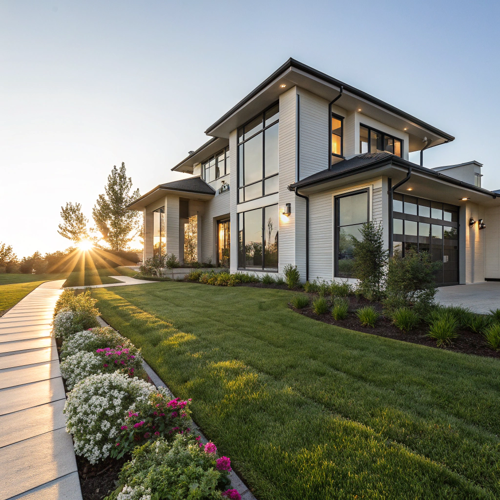 Photo of a modern house with a landscaped lawn at sunset