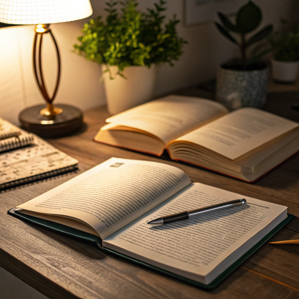 Photo of an open book and pen on a desk