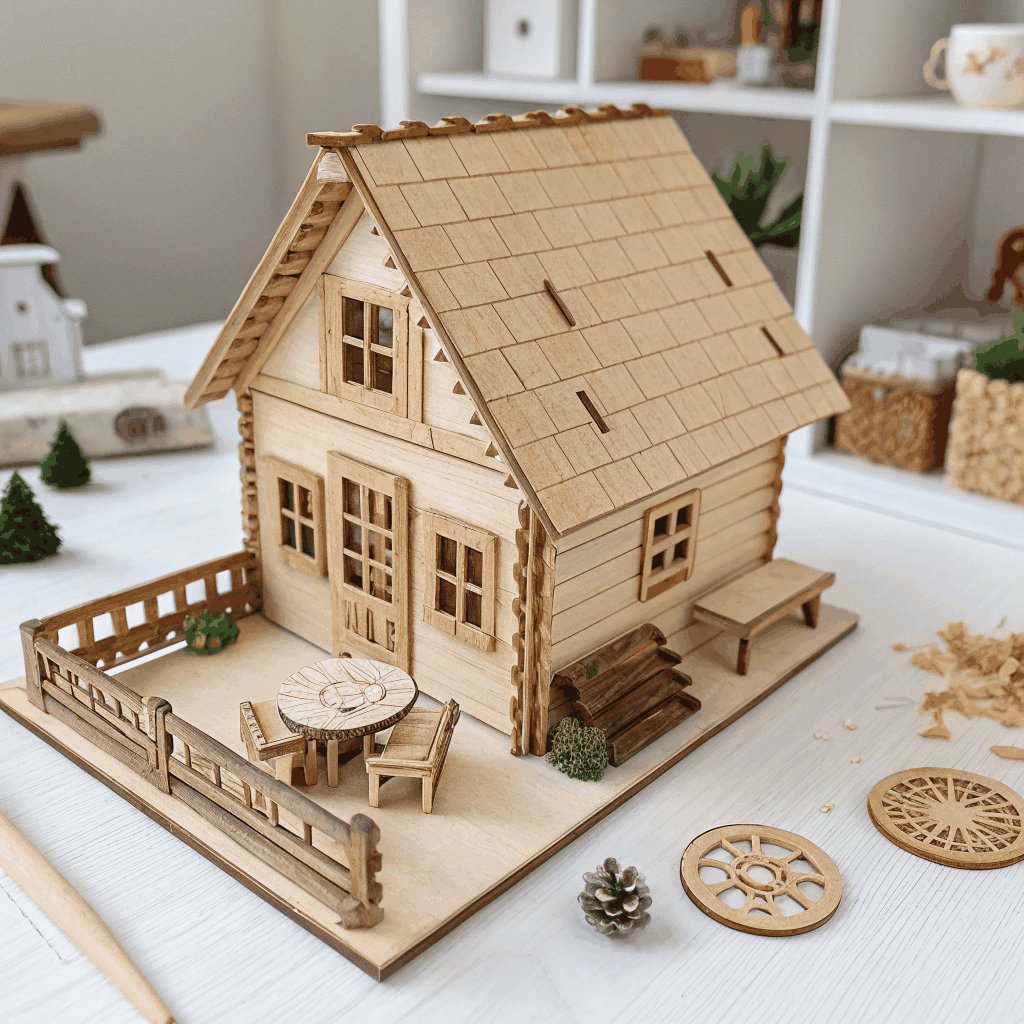 Photo of a small model house beside a pen and papers